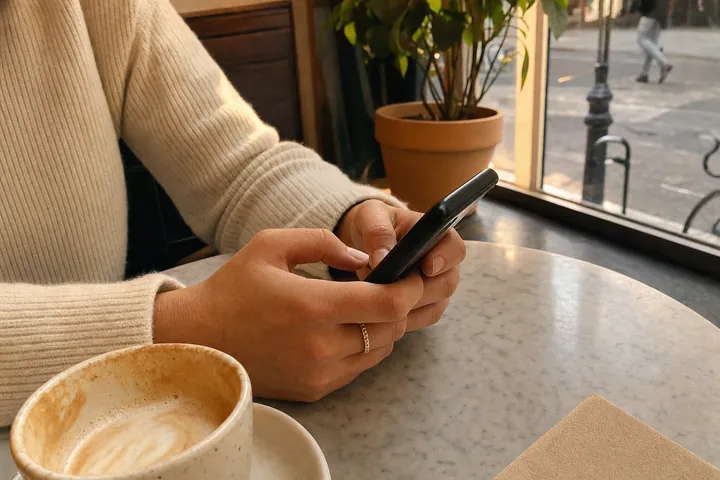 Close view of a person in a cream knit sweater texting on a phone at a marble café table by a window, a half-finished latte in the foreground; the face is out of frame.