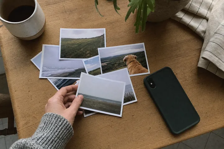 Top-down view of a wooden table with printed snapshots of coastline and a golden dog seen from behind, a mug, a dark phone lying face down and a hand in a grey sleeve picking up one print.
