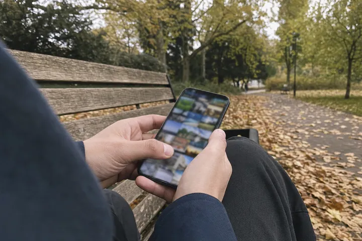 Over-the-shoulder view of two hands holding a phone on a wooden park bench in autumn, fallen leaves on the path; the screen shows a blurred grid of photo thumbnails.