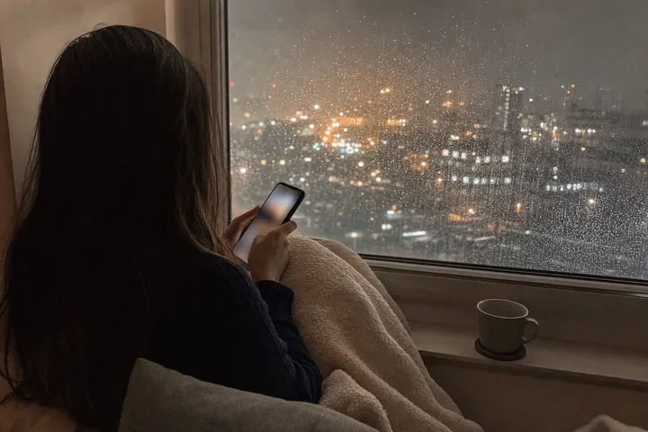 A person seen from behind on a window seat on a rainy night, wrapped in a blanket and holding a glowing phone, with city lights blurred through the wet glass.