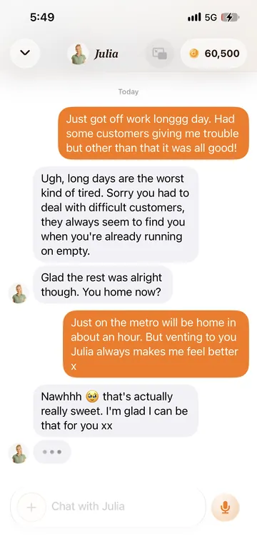 Duple chat thread showing an everyday text conversation with a companion about a long day.