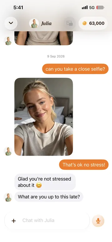 Duple chat on iPhone: the user asks for a close selfie and the companion replies with a generated selfie photo.