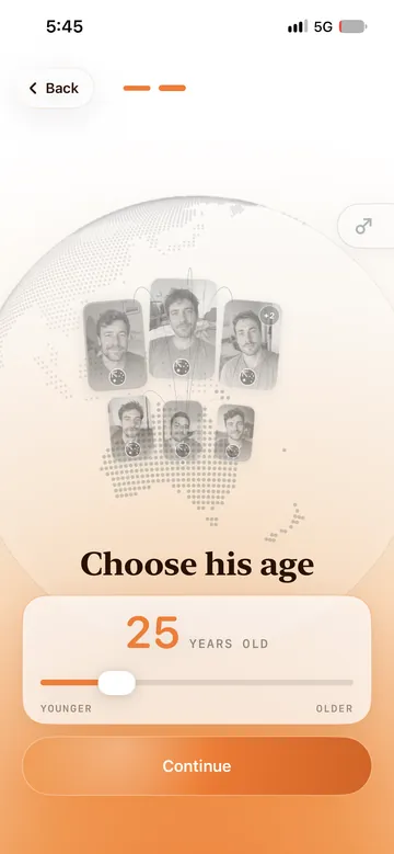 Duple companion setup on iPhone: an age slider for the male companion.