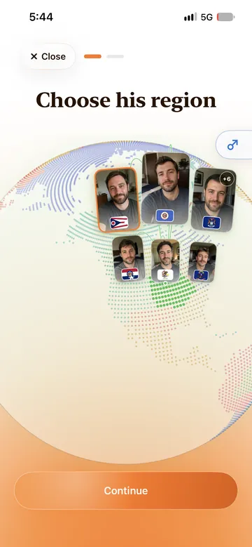 Duple companion setup on iPhone: a globe for choosing where the male companion is from.