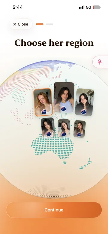 Duple companion creation screen titled Choose her region, with a globe of sample faces for choosing a region.