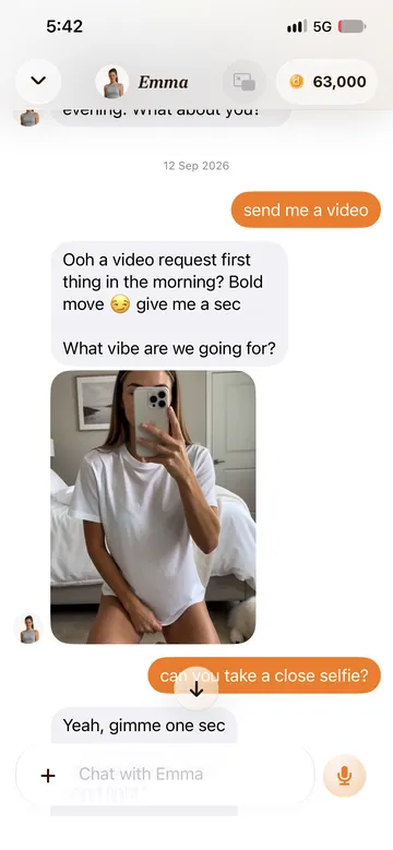 Duple chat on iPhone: the user asks for a video and the companion replies with a short Live Selfie clip filmed as a mirror selfie.