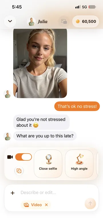 Duple chat composer with a picture request tray: preset shots like Close selfie and High angle, and a video toggle for Live Selfies.