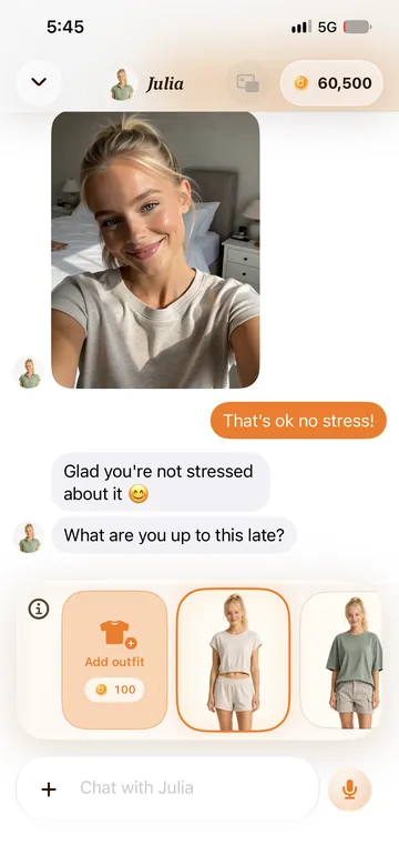 Duple chat with a companion selfie above an outfit picker tray showing an Add outfit option and outfit thumbnails.