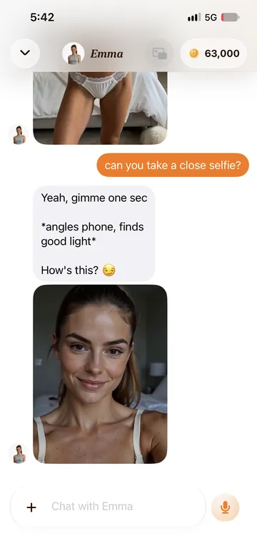 Duple chat on iPhone with a companion named Emma: the user asks for a close selfie and Emma replies with a still, smiling selfie.