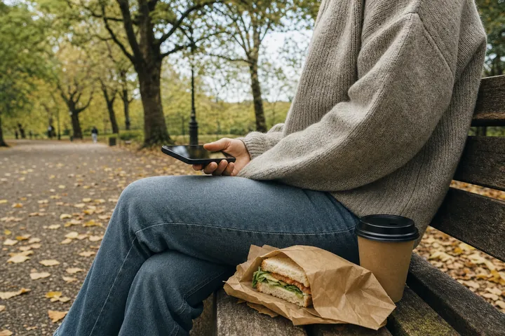 A person on a park bench in autumn, seen from behind and to the side, holding a phone during a lunch break with a paper bag beside them.