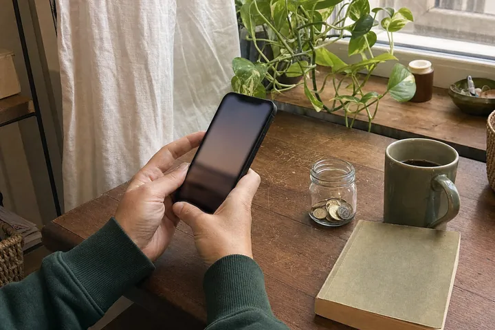 Hands holding a phone with a dark screen at a sunlit wooden desk, beside a small glass jar of coins, a green mug, a notebook and a trailing houseplant.