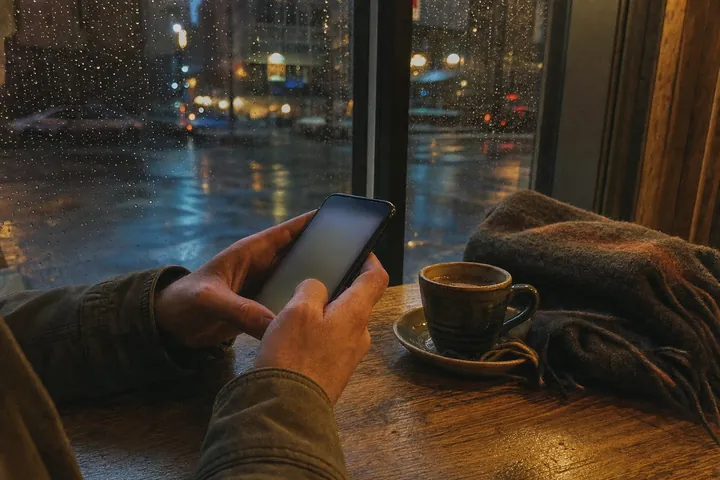 Close-up of two hands holding a phone at a café window table on a rainy evening, with a coffee cup and a folded scarf beside it.