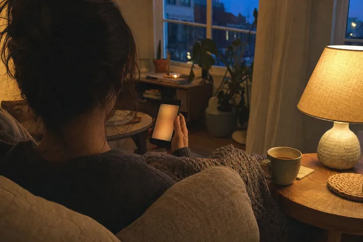Over-the-shoulder view of a person on a sofa in a lamp-lit living room at dusk, holding a phone with a softly glowing screen.