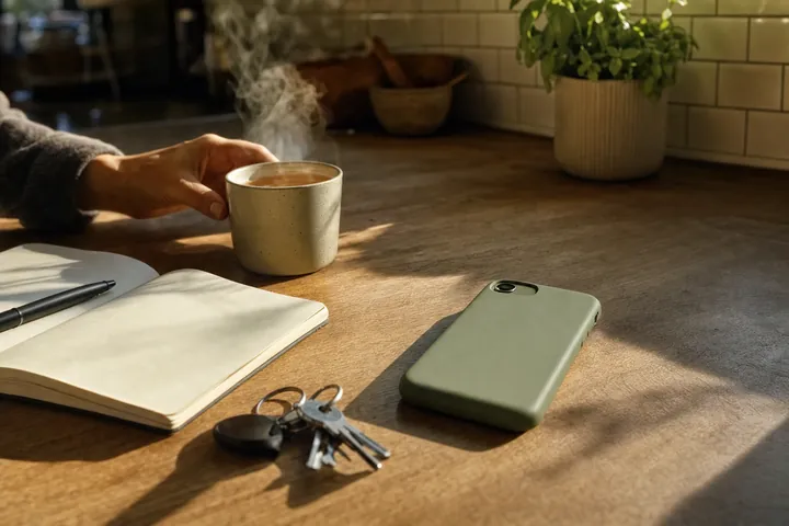 A phone in a plain green case lying face down on a sunny kitchen counter beside a steaming mug, an open notebook and a set of keys.